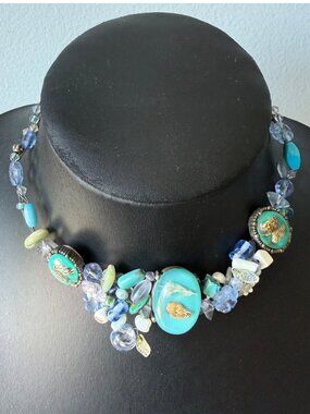 Handcrafted Blue & Turquoise Beaded Necklace Choker Shell Accents reversible